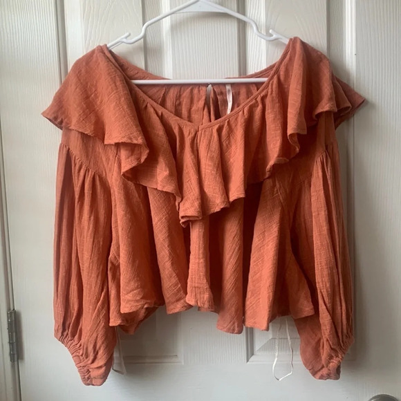 NWT Free People Zuri Ruffle Blouse Ginger Spice/orange XS Small - Picture 3 of 8